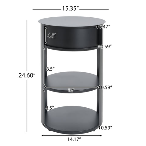 15.35" Metal Round End Table, Side Table with Sliding Door Cabinet & Open Shelves for Living Room, Bedroom