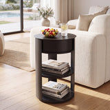 15.35" Metal Round End Table, Side Table with Sliding Door Cabinet & Open Shelves for Living Room, Bedroom