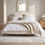 Boucle Upholstered Platform Bed Frame, Luxury California King Bed Frame with Curved Headboard, Noise-Free Slats