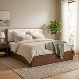 King Size Platform Bed Frame with Soft Upholstered Headboard, Beige & Walnut Brown