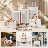 5pcs 20"+24"+28" Luggage Set with Handbag, Toiletry Bag, TSA Lock & Spinner Wheels, Hard Shell Carry-On&Checked Suitcase, Brown+White