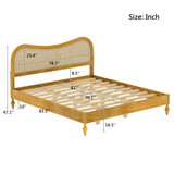 King Boho Platform Bed Frame with Curved Rattan Cane Headboard, Mid-Century Modern Bed, Natural