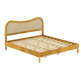 King Boho Platform Bed Frame with Curved Rattan Cane Headboard, Mid-Century Modern Bed, Natural