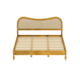 King Boho Platform Bed Frame with Curved Rattan Cane Headboard, Mid-Century Modern Bed, Natural