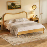 King Boho Platform Bed Frame with Curved Rattan Cane Headboard, Mid-Century Modern Bed, Natural