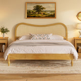 King Boho Platform Bed Frame with Curved Rattan Cane Headboard, Mid-Century Modern Bed, Natural