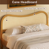 King Boho Platform Bed Frame with Curved Rattan Cane Headboard, Mid-Century Modern Bed, Natural