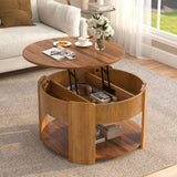 Farmhouse 32.5" Round Lift Top Coffee Table, Accent Center Table with Hidden Storage & Open Shelf for Living Room, Apartment