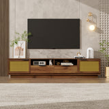 79" TV Stand for TVs up to 85" with Soft-Closing, 2 Drawers, Open Shelves&Cable Holes, Rattan TV Console Media Entertainment Center, Walnut