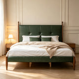 King Size Upholstered Platform Bed Frame with PU Tufted Headboard, Mid-Century Modern Bed, Green