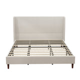 King Upholstered Platform Bed Frame with Tall Wingback Headboard, Modern Minimalist Bed, Beige