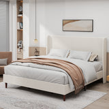 King Upholstered Platform Bed Frame with Tall Wingback Headboard, Modern Minimalist Bed, Beige