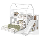 Twin over Full Playhouse Bunk Bed with Movable Storage Cabinet, LED Light, Hanging Rod, Slide&Ladder, Metal Loft Bed for Kids&Teens, White