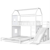 Twin over Full Playhouse Bunk Bed with Movable Storage Cabinet, LED Light, Hanging Rod, Slide&Ladder, Metal Loft Bed for Kids&Teens, White