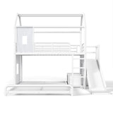 Twin over Full Playhouse Bunk Bed with Movable Storage Cabinet, LED Light, Hanging Rod, Slide&Ladder, Metal Loft Bed for Kids&Teens, White