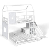 Twin over Full Playhouse Bunk Bed with Movable Storage Cabinet, LED Light, Hanging Rod, Slide&Ladder, Metal Loft Bed for Kids&Teens, White