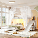 Twin over Full Playhouse Bunk Bed with Movable Storage Cabinet, LED Light, Hanging Rod, Slide&Ladder, Metal Loft Bed for Kids&Teens, White