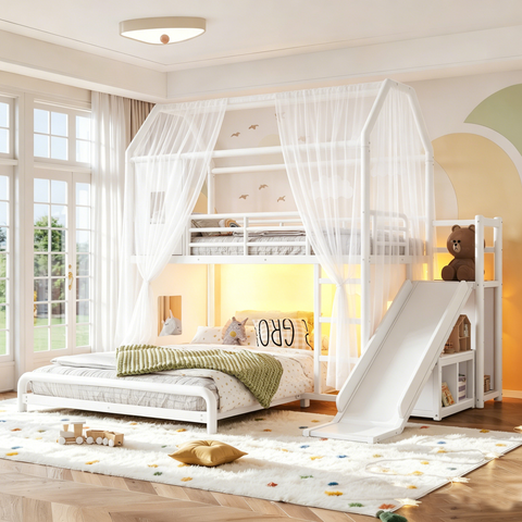 Twin over Full Playhouse Bunk Bed with Movable Storage Cabinet, LED Light, Hanging Rod, Slide&Ladder, Metal Loft Bed for Kids&Teens, White