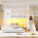 Twin over Full Playhouse Bunk Bed with Movable Storage Cabinet, LED Light, Hanging Rod, Slide&Ladder, Metal Loft Bed for Kids&Teens, White