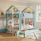 Full over Full Bunk Bed with Storage Drawers, Shelves & LED Light, Two-Tone Wood Bunk Bed Frame with Safety Guardrails