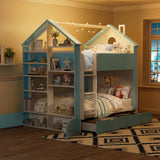 Full over Full Bunk Bed with Storage Drawers, Shelves & LED Light, Two-Tone Wood Bunk Bed Frame with Safety Guardrails