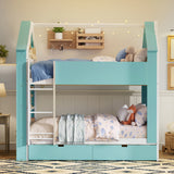Full over Full Bunk Bed with Storage Drawers, Shelves & LED Light, Two-Tone Wood Bunk Bed Frame with Safety Guardrails