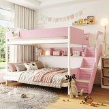 Twin over Full LED Bunk Bed Frame with Striped-Design Staircase & Open Storage Shelves for Kids/Teens/Adults