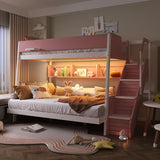 Twin over Full LED Bunk Bed Frame with Striped-Design Staircase & Open Storage Shelves for Kids/Teens/Adults