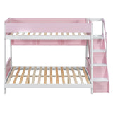 Twin over Full LED Bunk Bed Frame with Striped-Design Staircase & Open Storage Shelves for Kids/Teens/Adults