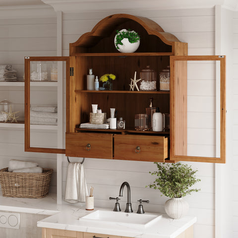 Vintage Wall Mounted Cabinet with Drawer & Glass Doors, Retro Bathroom Storage Cabinet Medicine Cabinet for Dining Room Kitchen, Brown