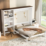 Queen Size Murphy Bed Frame with Integrated Desk & Open Storage Shelves, Foldable Cabinet Bed for Bedroom, Apartment, Office