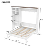 Queen Size Murphy Bed Frame with Integrated Desk & Open Storage Shelves, Foldable Cabinet Bed for Bedroom, Apartment, Office