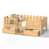 Twin Toddler Bed with Led Light, Bookshelf, Drawers, Stairs & Safety Guardrail, Childlike Kid Platform Bed Frame, Low Profile, Natural