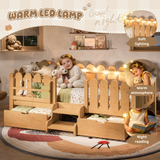 Twin Toddler Bed with Led Light, Bookshelf, Drawers, Stairs & Safety Guardrail, Childlike Kid Platform Bed Frame, Low Profile, Natural