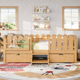 Twin Toddler Bed with Led Light, Bookshelf, Drawers, Stairs & Safety Guardrail, Childlike Kid Platform Bed Frame, Low Profile, Natural