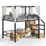 Full Metal Loft Bed with Wardrobe, Storage Stairs, LED Light & Canopy Frame, Black