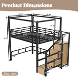 Full Metal Loft Bed with Wardrobe, Storage Stairs, LED Light & Canopy Frame, Black