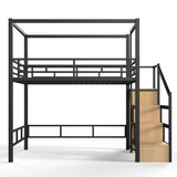 Full Metal Loft Bed with Wardrobe, Storage Stairs, LED Light & Canopy Frame, Black