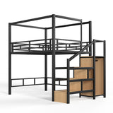 Full Metal Loft Bed with Wardrobe, Storage Stairs, LED Light & Canopy Frame, Black
