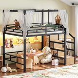 Full Metal Loft Bed with Wardrobe, Storage Stairs, LED Light & Canopy Frame, Black