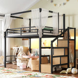 Full Metal Loft Bed with Wardrobe, Storage Stairs, LED Light & Canopy Frame, Black