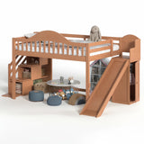 Full Loft Bed with Wardrobe, Storage Stairs, Slide & Safety Guardrail, Playful Bed for Kids&Teens, Walnut