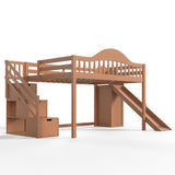 Full Loft Bed with Wardrobe, Storage Stairs, Slide & Safety Guardrail, Playful Bed for Kids&Teens, Walnut