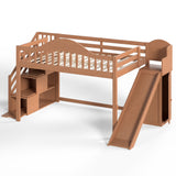 Full Loft Bed with Wardrobe, Storage Stairs, Slide & Safety Guardrail, Playful Bed for Kids&Teens, Walnut
