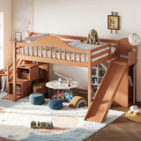 Full Loft Bed with Wardrobe, Storage Stairs, Slide & Safety Guardrail, Playful Bed for Kids&Teens, Walnut