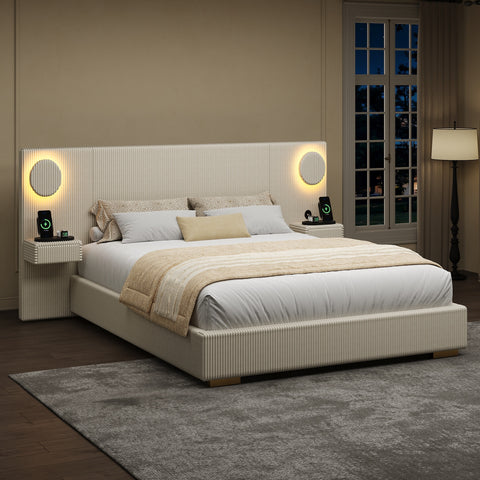 Queen Size Corduroy Upholstered Platform Bed Frame with LED Circle Lights, USB Ports & Side Storage Drawers for Teens/Adluts