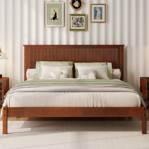 Queen Size Platform Bed Frame with Wave Headboard, Solid Rubber Wood Bed Frame, Mid-Century Modern Style