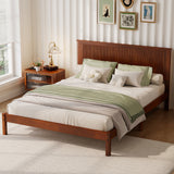 Queen Size Platform Bed Frame with Wave Headboard, Solid Rubber Wood Bed Frame, Mid-Century Modern Style