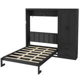 Queen Size Murphy Bed with Upholstered Headboard, Foldable Cabinet Bed with Storage Wardrobe & 2 Drawers
