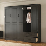 Queen Size Murphy Bed with Upholstered Headboard, Foldable Cabinet Bed with Storage Wardrobe & 2 Drawers